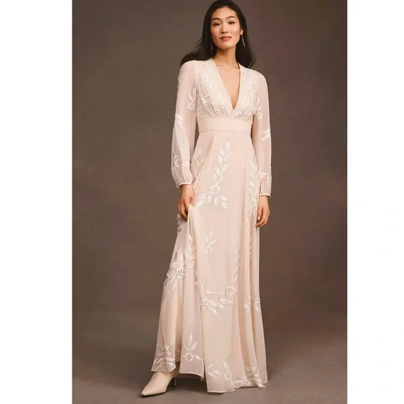 BHLDN Belize Embroidered A-Line Long-Sleeve V-Neck Gown 10 - Picture 5 of 16